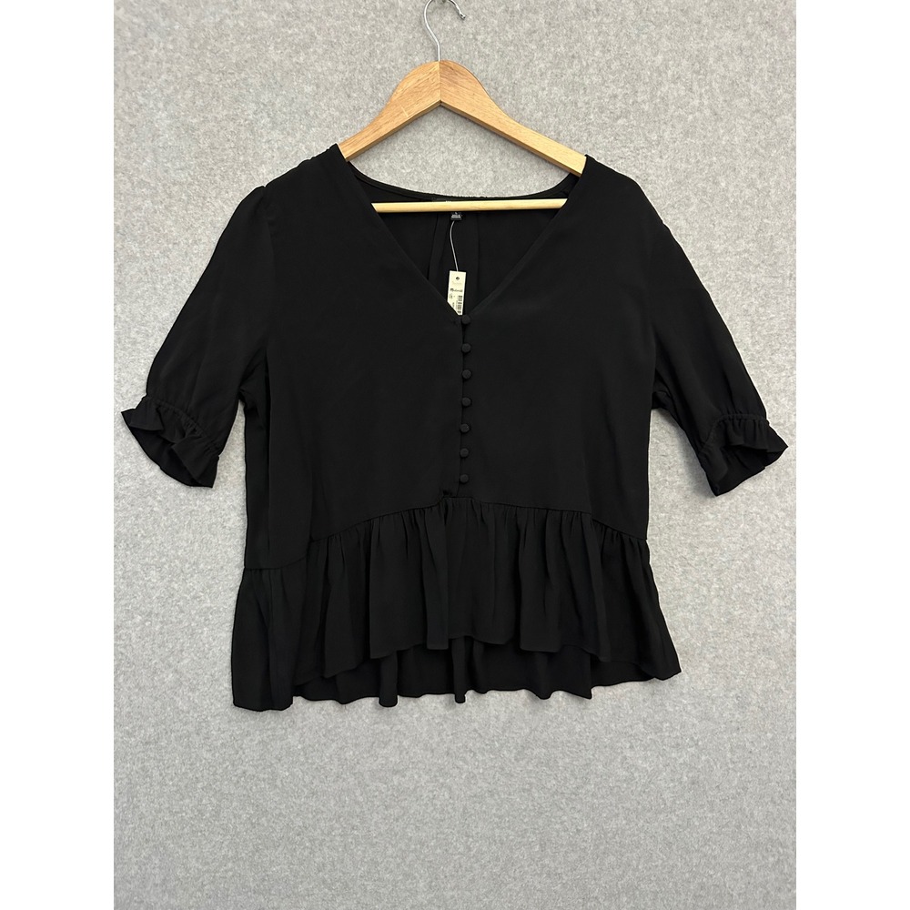 NWT Madewell Courtyard Ruffle Hem Button-Front Peplum Top Black Size L 8KS529